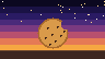 A big pixel cookie with a bite taken out of it on a table under a dawn sky